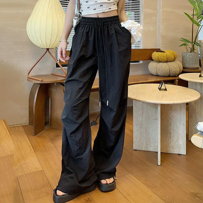 Parachute High Waist Drawstring Wide Leg Pant Black / S pant-250223