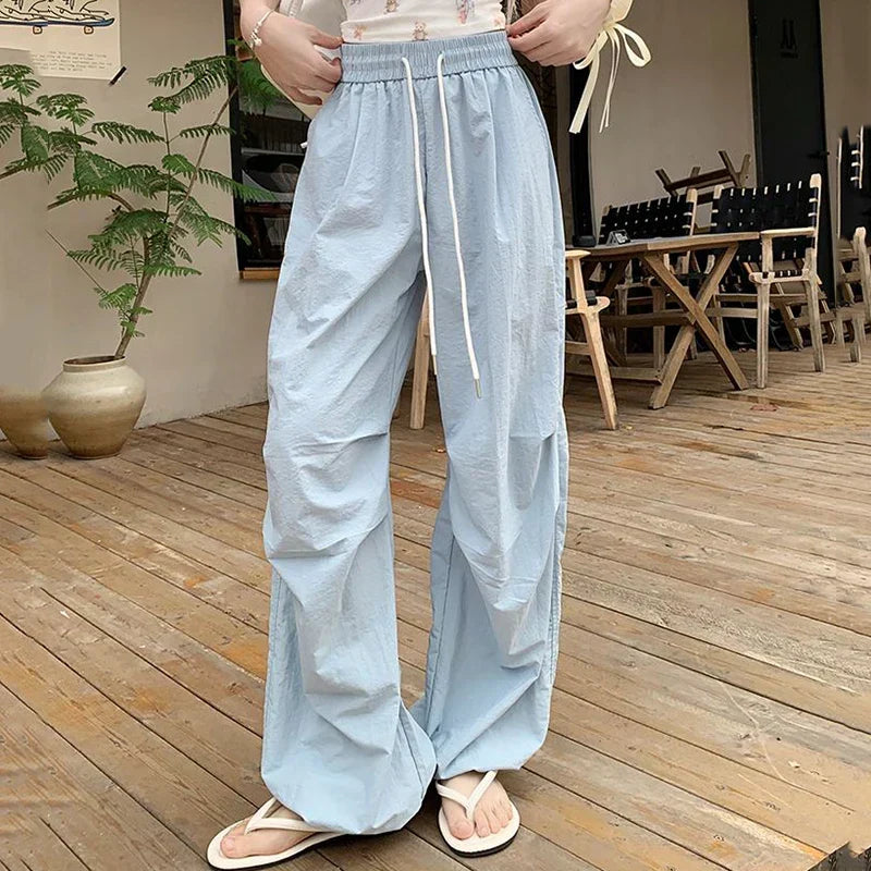 Parachute High Waist Drawstring Wide Leg Pant Blue / S pant-250223