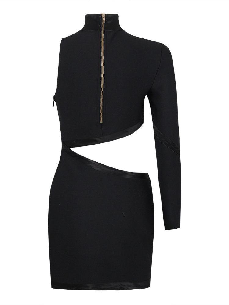 High Neck One Shoulder Cutout Gold Button Bandage Bodycon Mini Dress 8