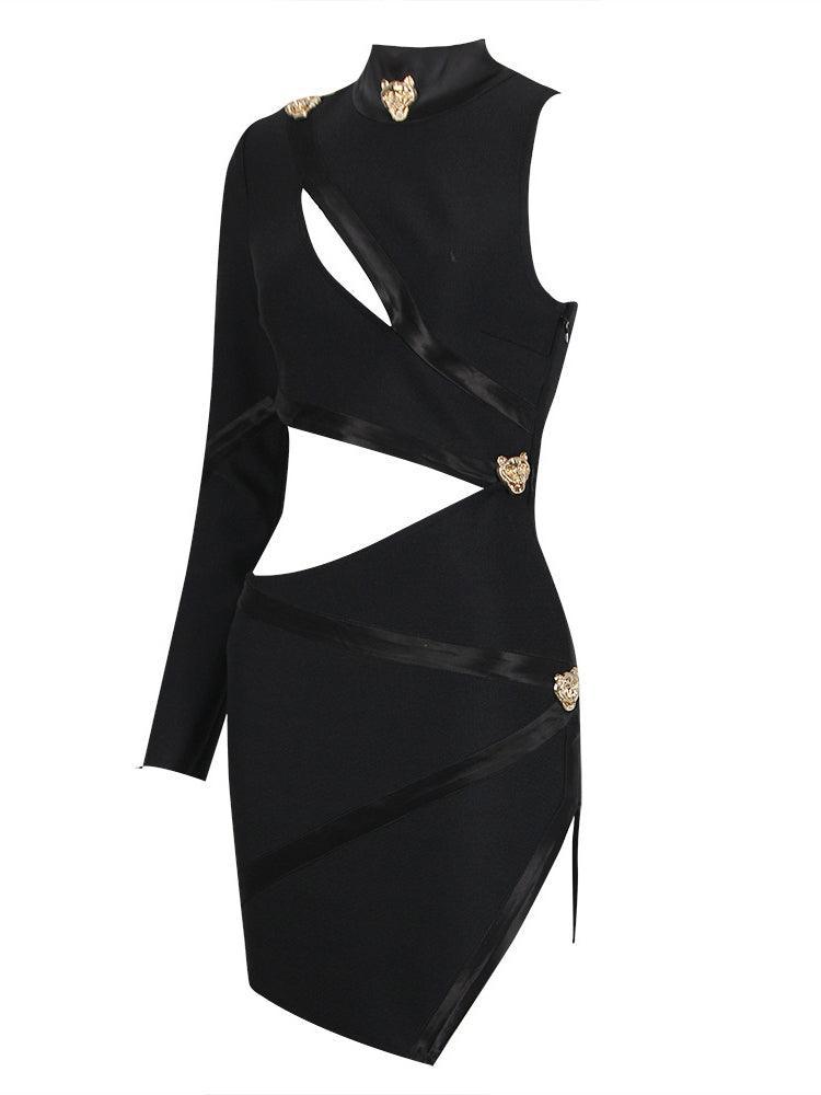 High Neck One Shoulder Cutout Gold Button Bandage Bodycon Mini Dress 7