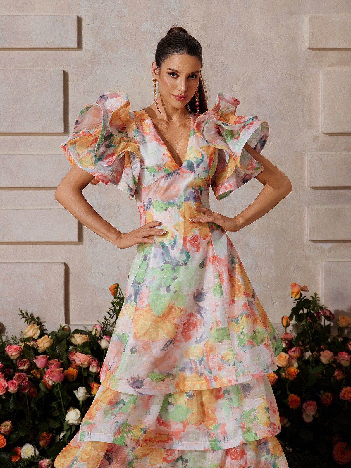 V Neck Floral Printed Maxi Dress In Orange