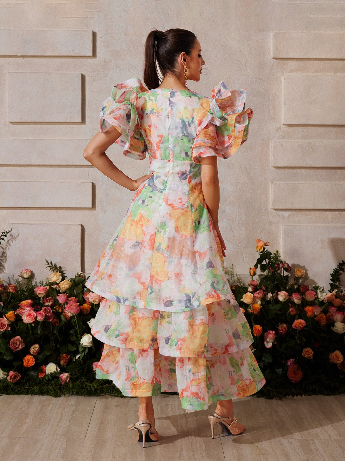 V Neck Floral Printed Maxi Dress In Orange