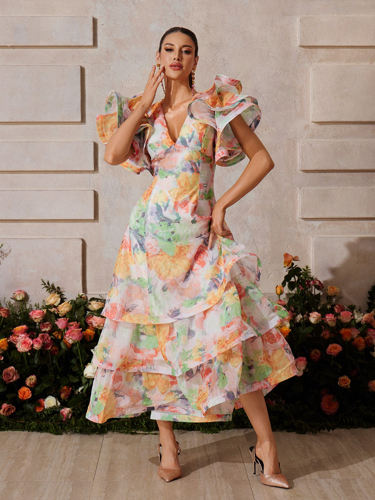 V Neck Floral Printed Maxi Dress In Orange
