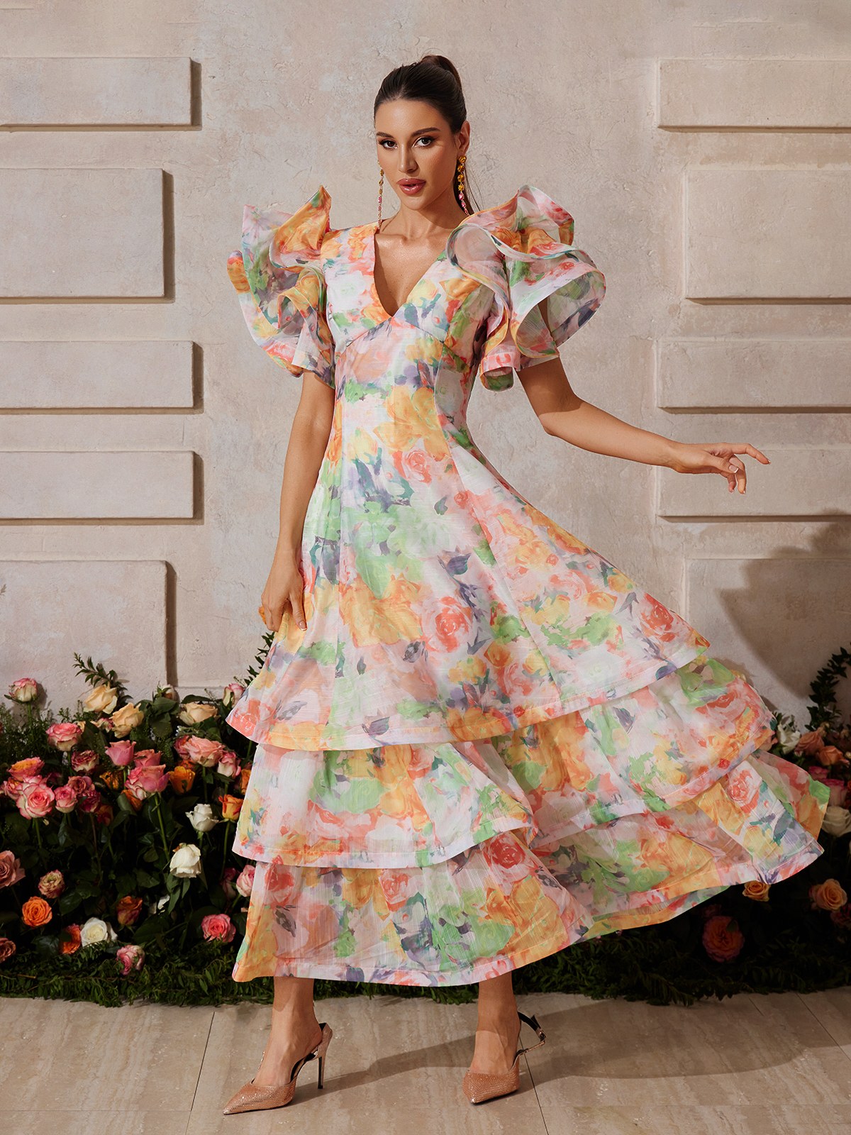 V Neck Floral Printed Maxi Dress In Orange