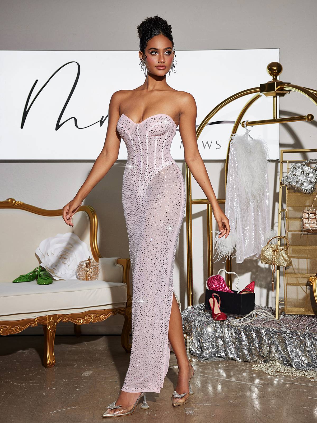 Strapless Rhinestone Corset Maxi Dress
