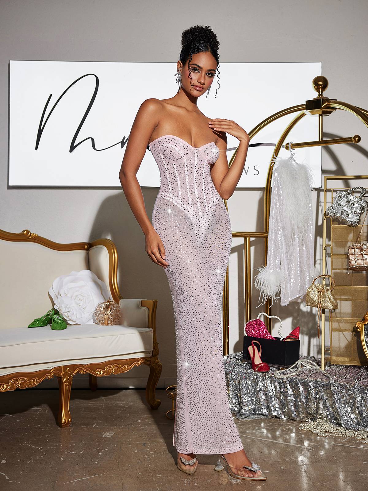 Strapless Rhinestone Corset Maxi Dress