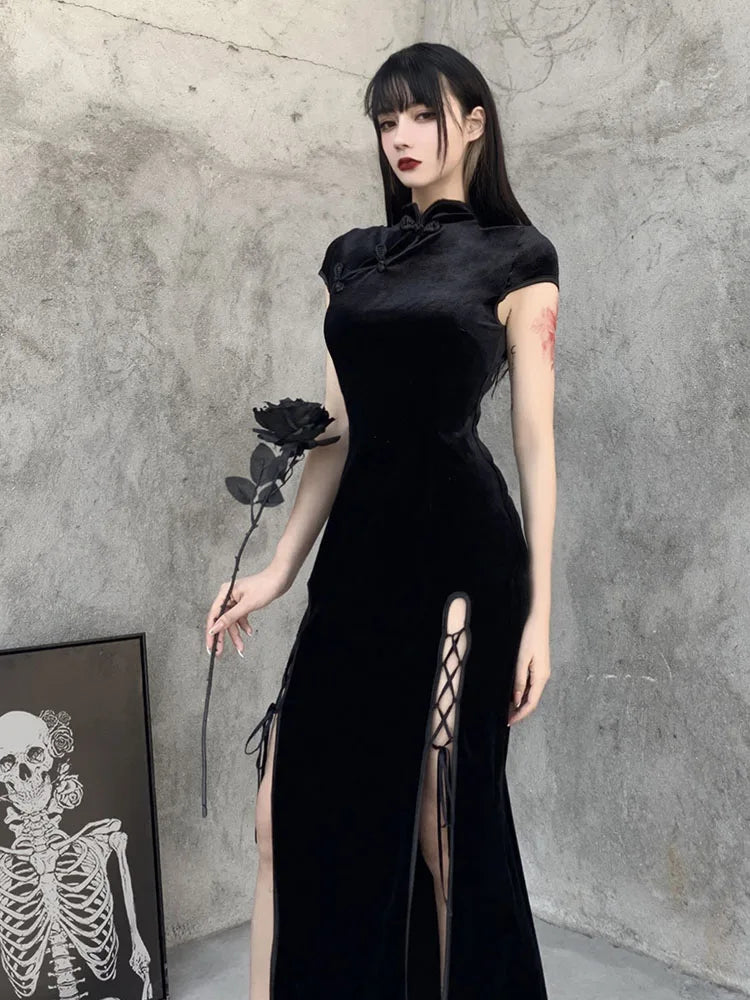 Romantic Gothic Velvet Aesthetic Dresses Vintage Women Black Bandage SlitHem Bodycon Dress Sexy Evening Wear Cheongsam