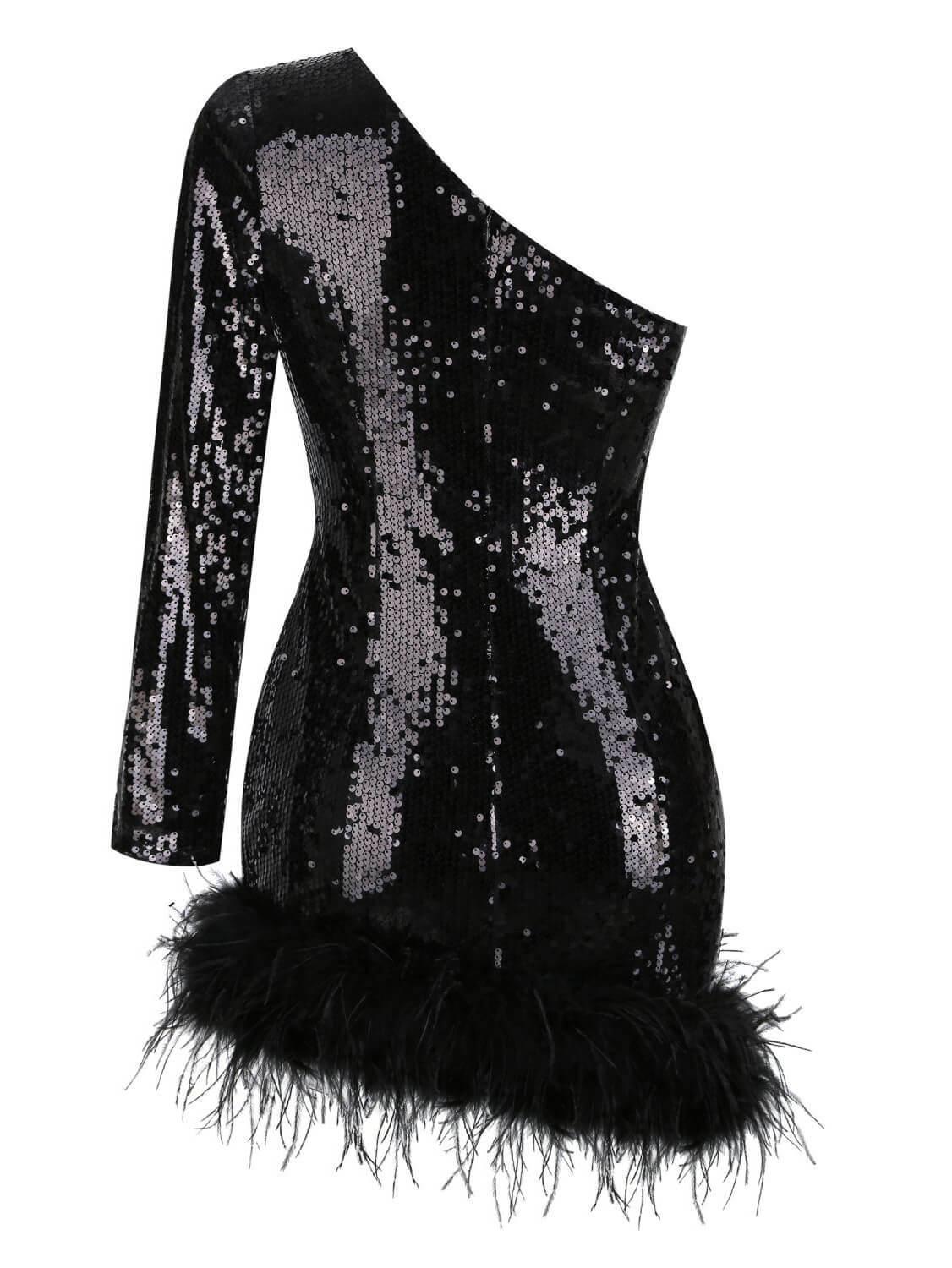 One Shoulder Sequin Feather Mini Dress