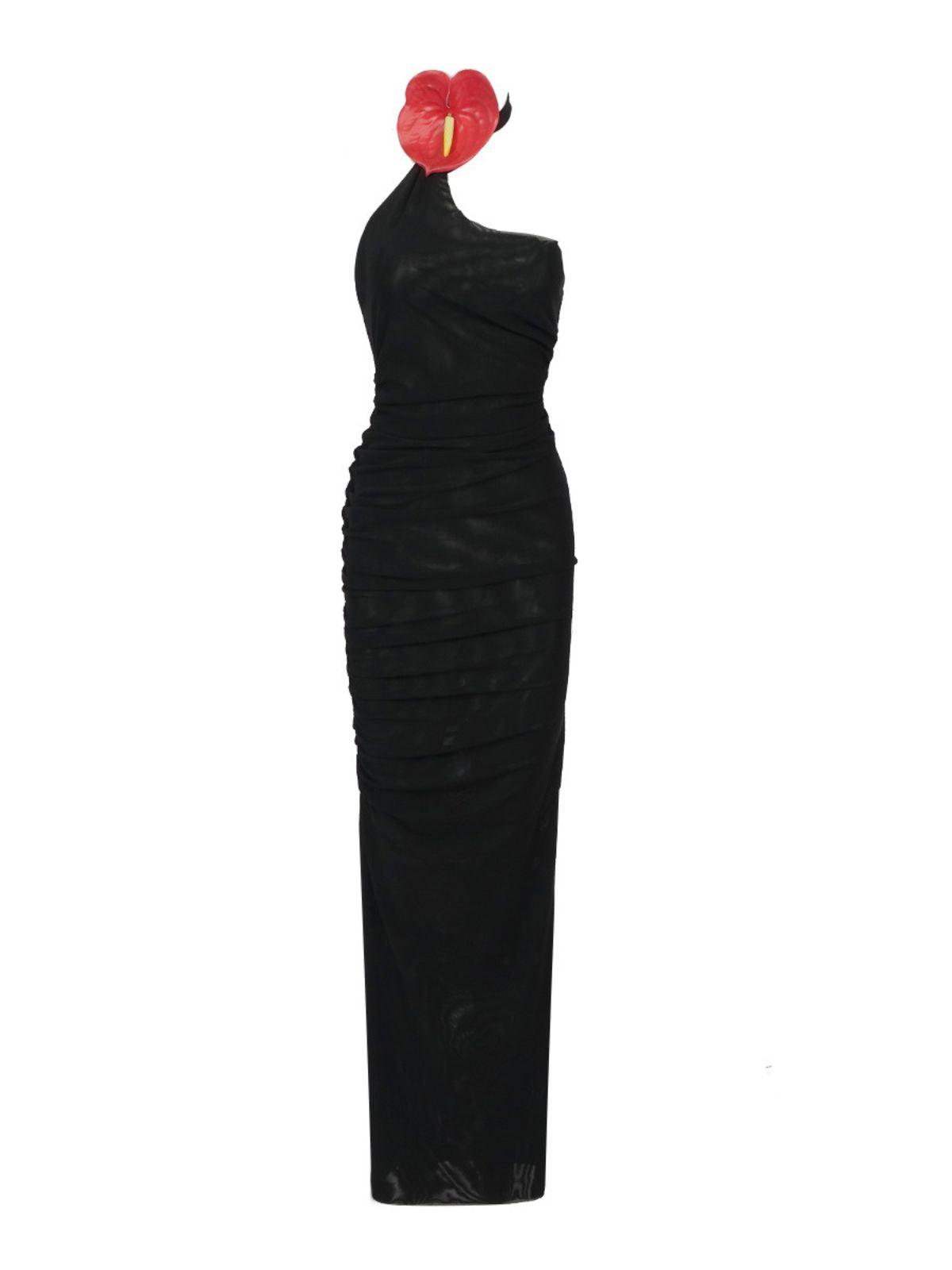 Halter Neck Floral Applique Ruched Mesh Bodycon Maxi Dress