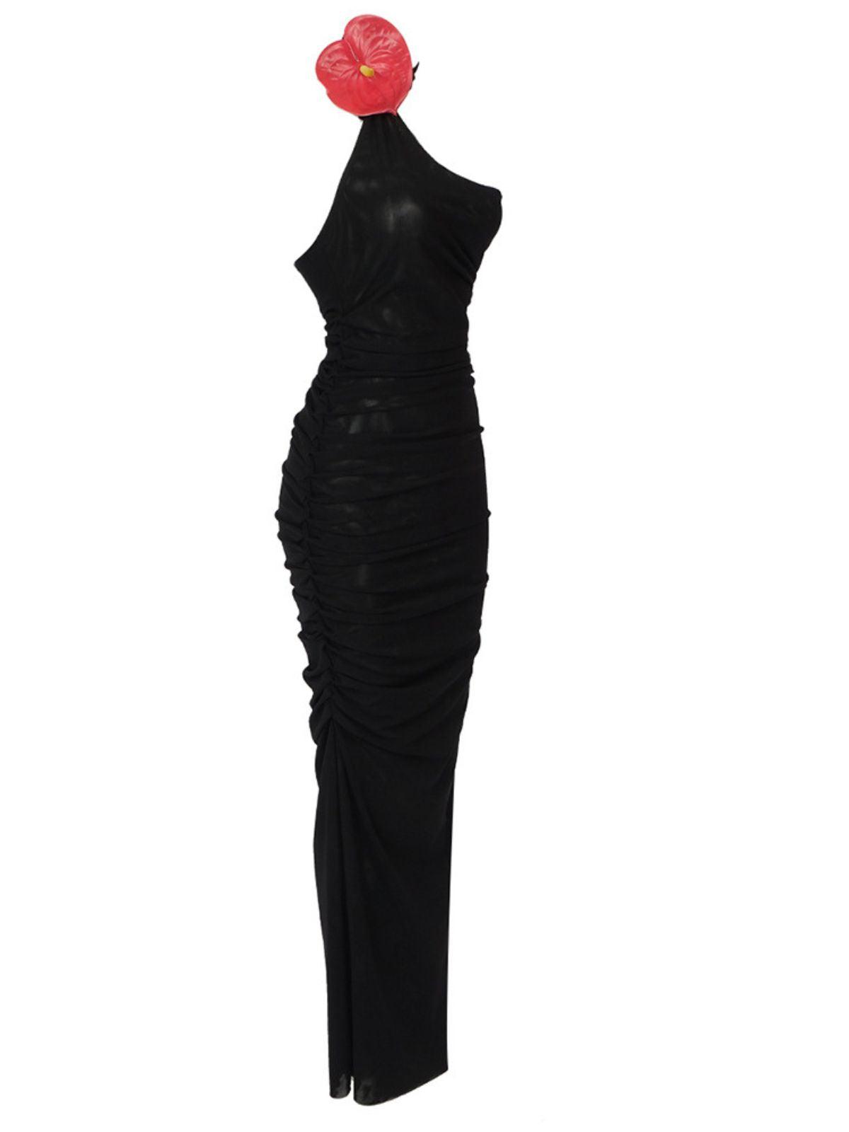 Halter Neck Floral Applique Ruched Mesh Bodycon Maxi Dress