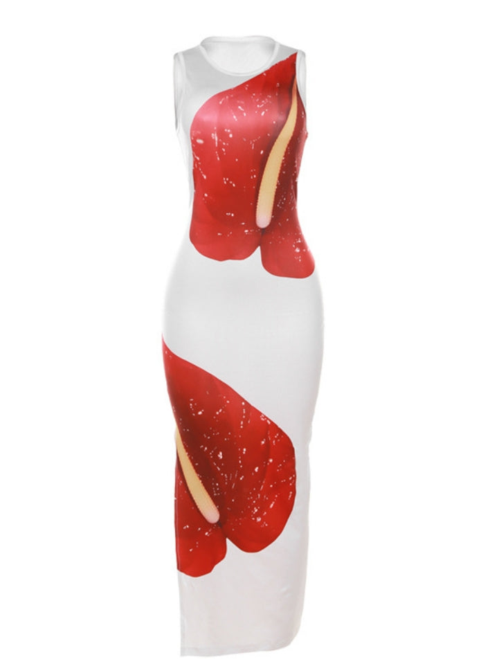 Round Neck Floral Print Sleeveless Bodycon Maxi Dress