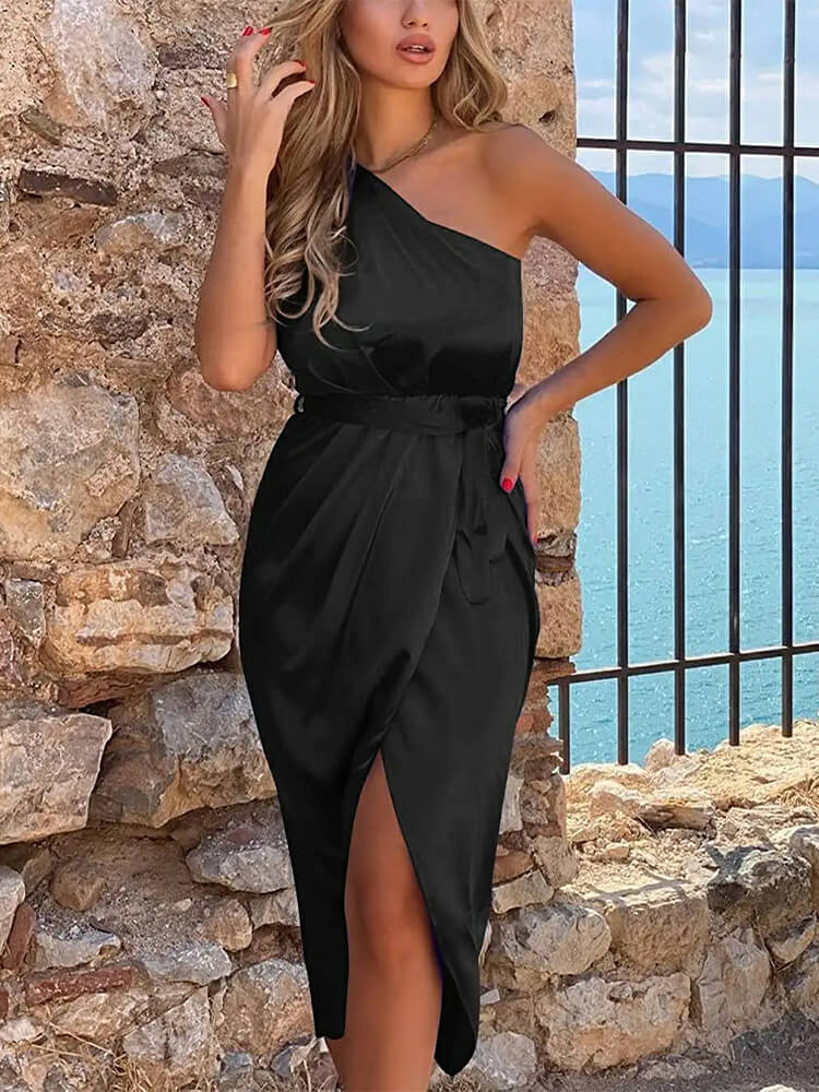 Ruched Bodycon Asymmetrical Sleeveless One Shoulder Wrap Satin Belted Cocktail Midi Dress