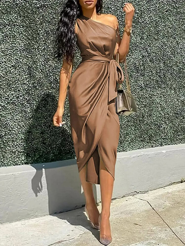 Ruched Bodycon Asymmetrical Sleeveless One Shoulder Wrap Satin Belted Cocktail Midi Dress