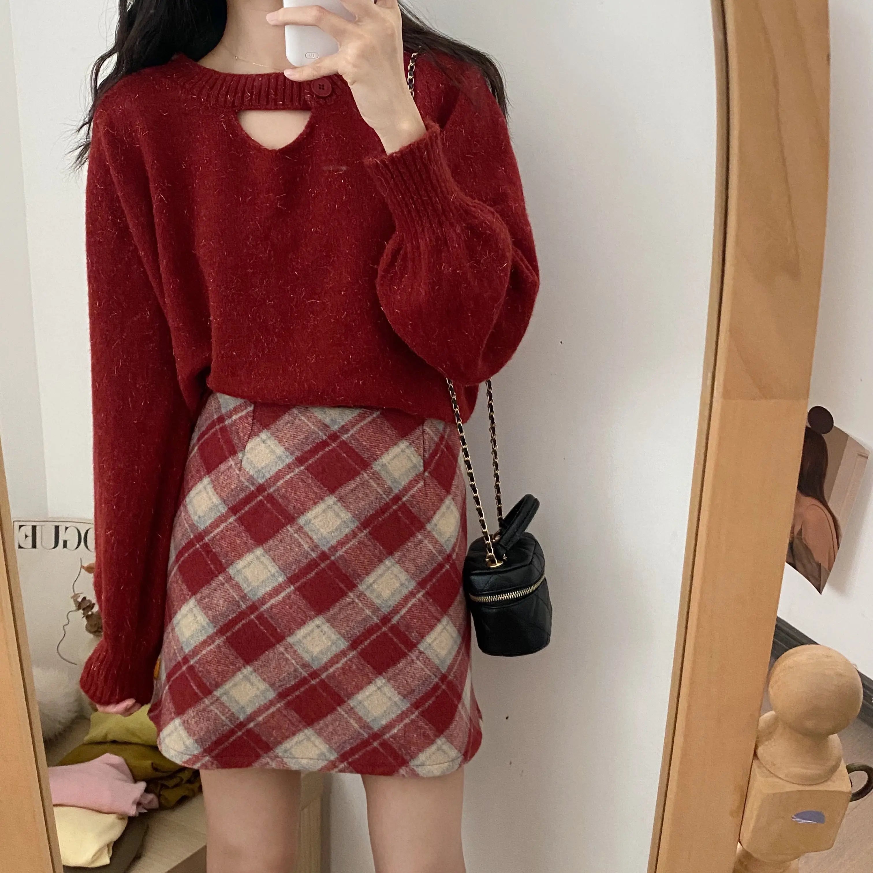 Mini Plaid Aline Red Style Allmatch Woolen Daily Skirt