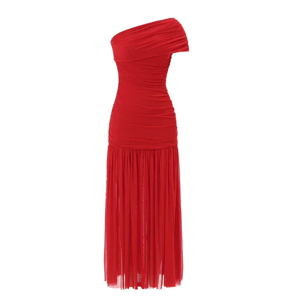 One Shoulder Mesh Solid Maxi Dress