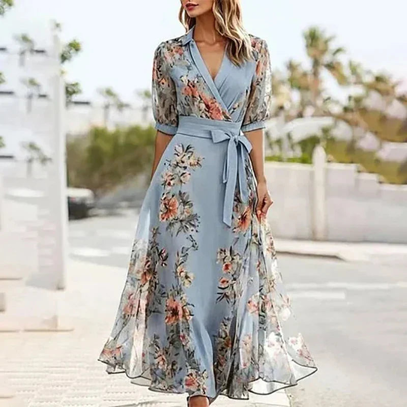 Blue Lapel V-Neck Floral Print Half Sleeve Tie Waist Wrap Maxi Dress 5