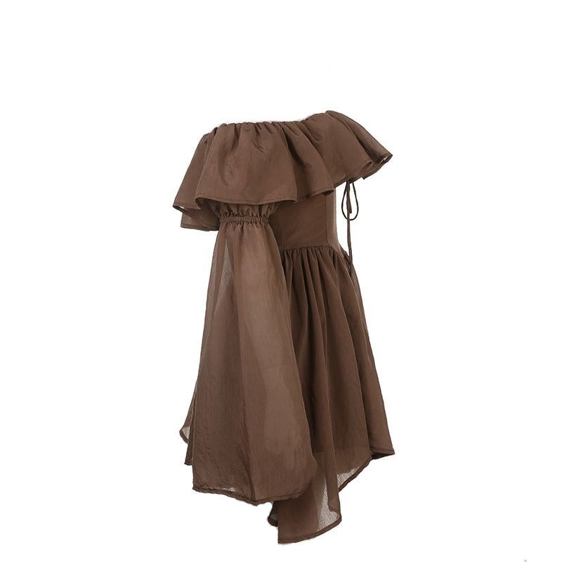Brown Off-Shoulder Ruffle Puff Sleeve Corset A-Line Mini Dress