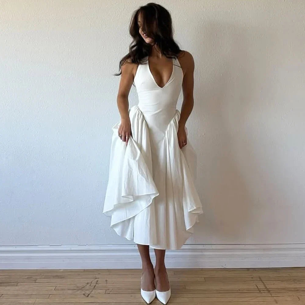 Backless Deep V Spliced Long Midi Dress