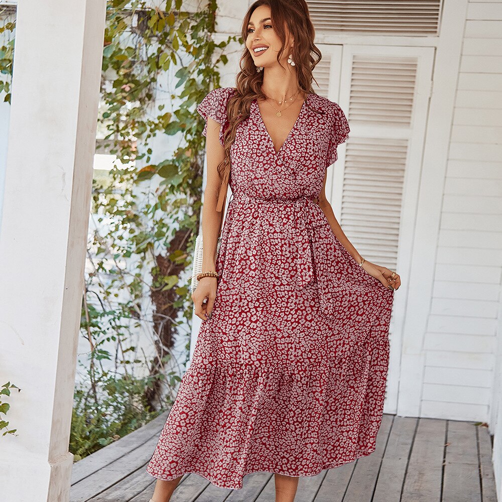 Pink Boho Resort Trendy Ladies Maxi Dress Wine Red / S