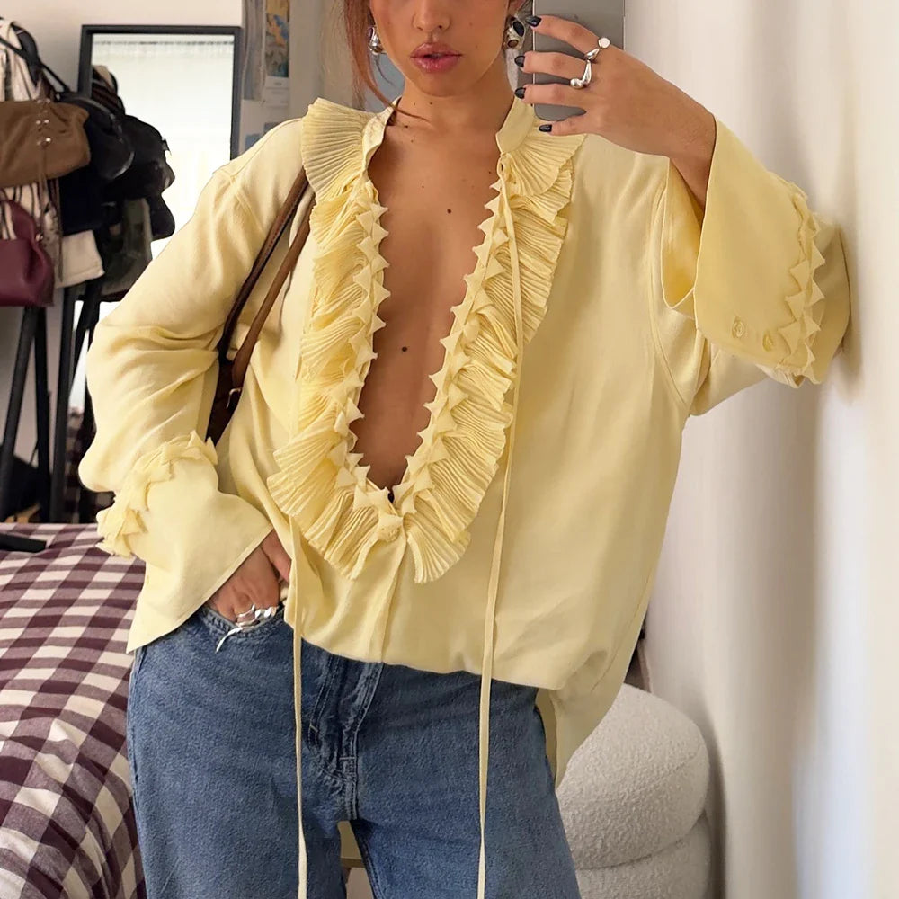 Casual Chiffon Pleated Laceup Blouse