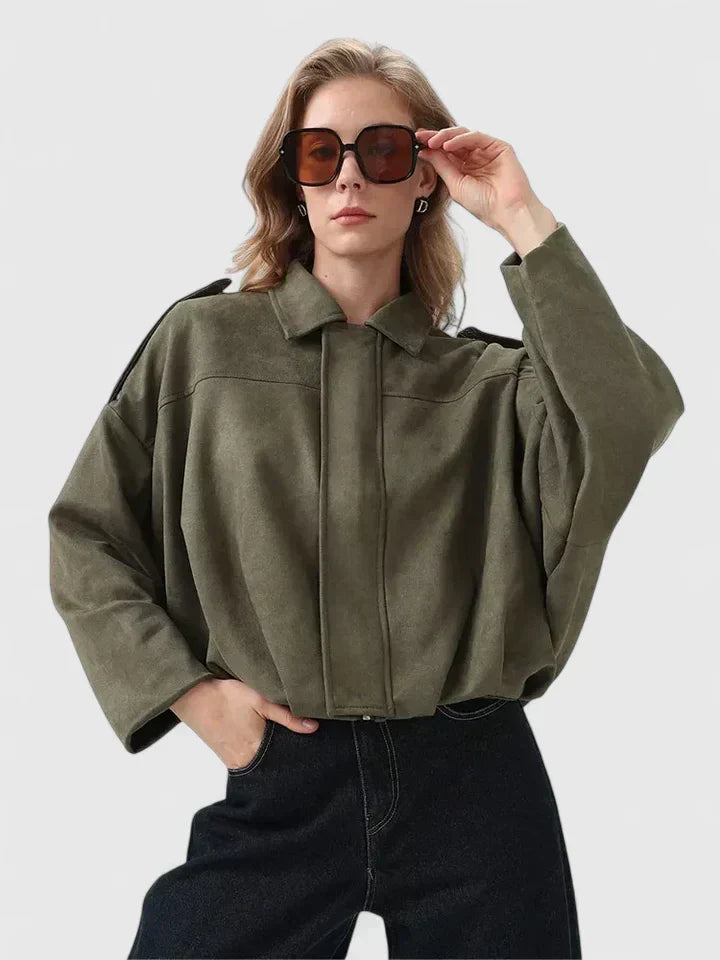 Collared Suede Zip Front Drop Shoulder Oversized Jacket