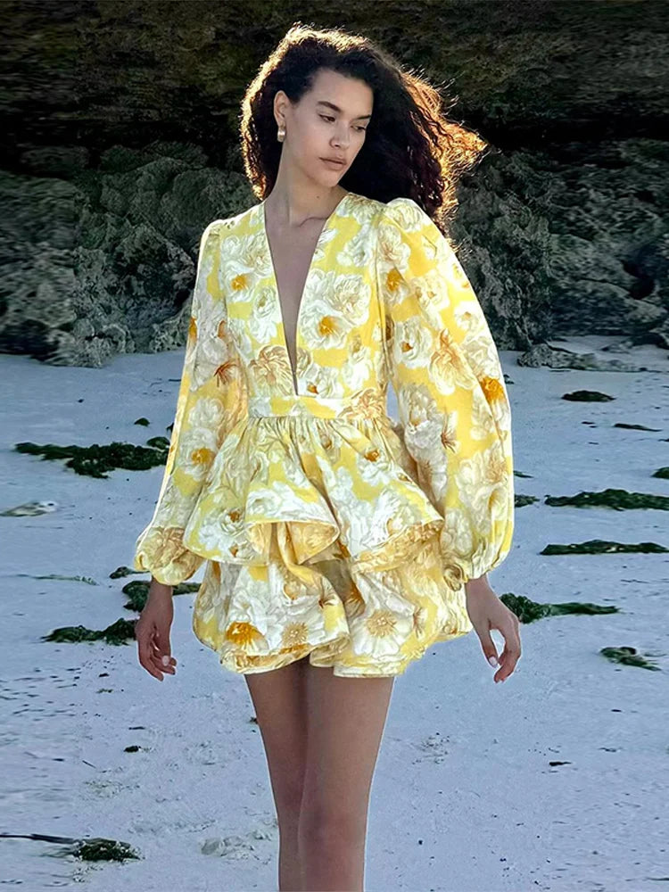 Print Ruffle Long Sleeve ALine Mini Dress