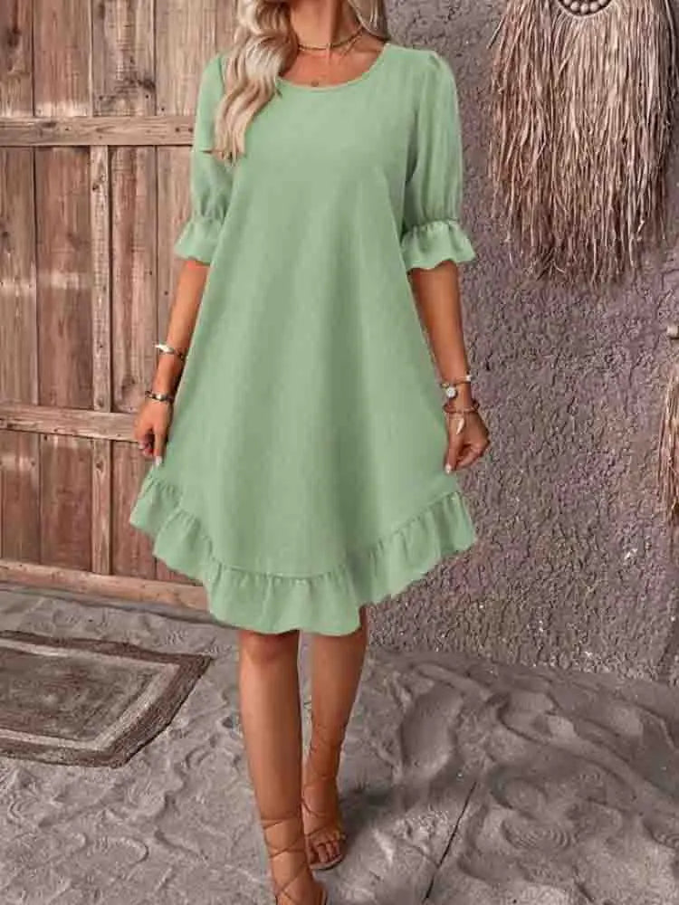 Round Neck Ruffle Cuff Half Sleeve Ruffle Hem Shift Mini Dress