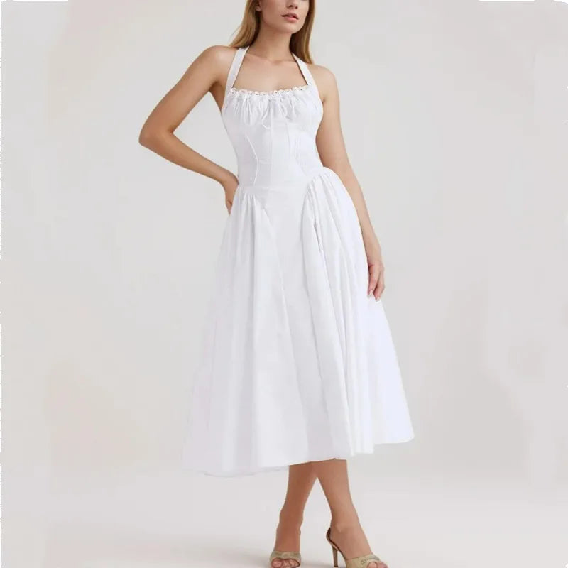 Corset Style Bow Halter Spliced Lace Midi Dress