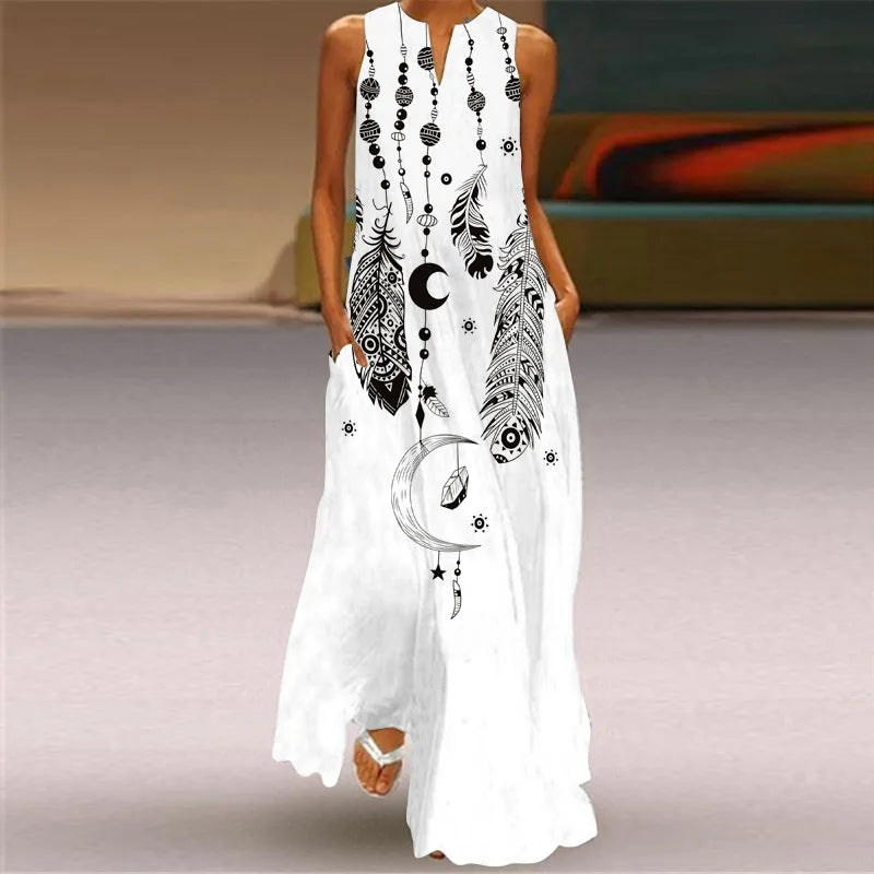 Split Neck Butterfly Print Sleeveless Pocket A-Line Maxi Dress