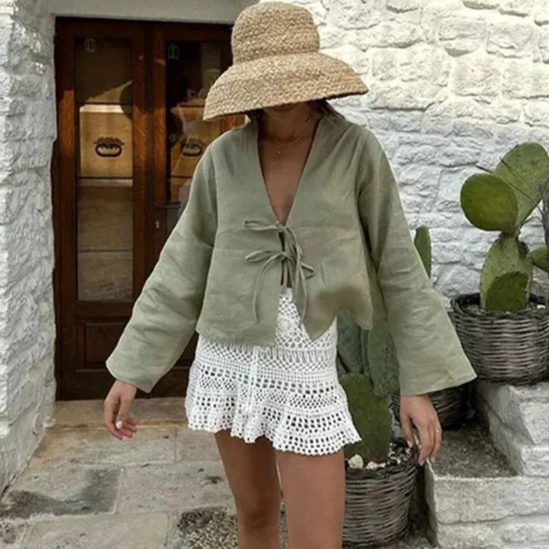 Loose Laceup Bow Vneck Flare Sleeve Blouse