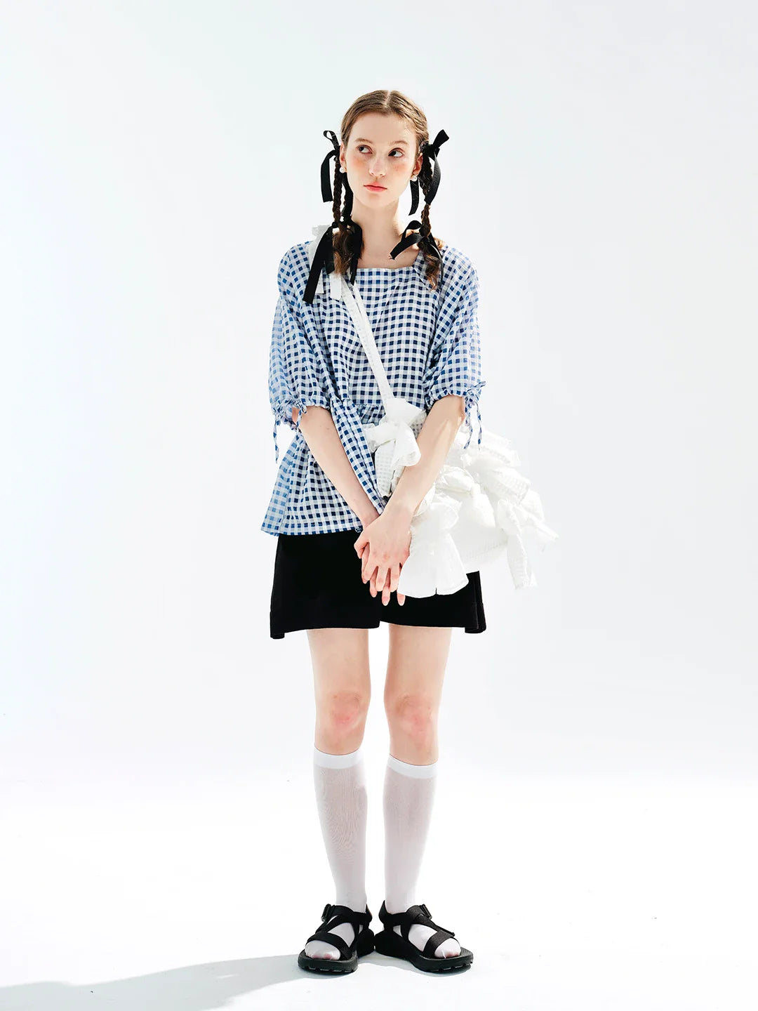 Plaid Laceup Short Sleeve Tshirt Blouse