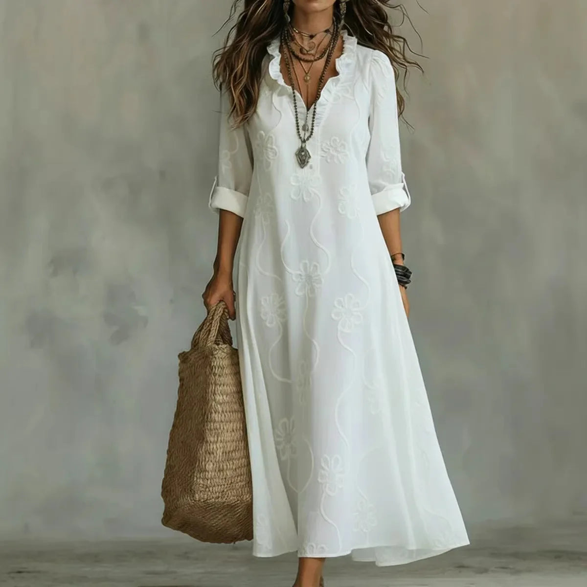 Split Neck Floral Embroidered Roll-Tab Sleeve Shift Maxi Dress 2