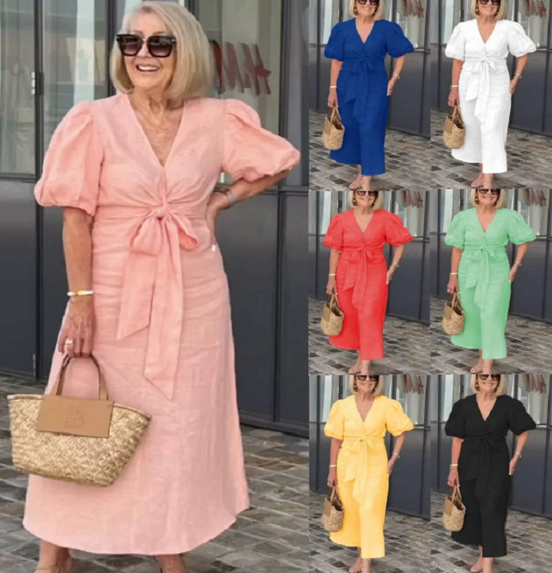 V-Neck Puff Sleeve Tie Front Linen Maxi Dress
