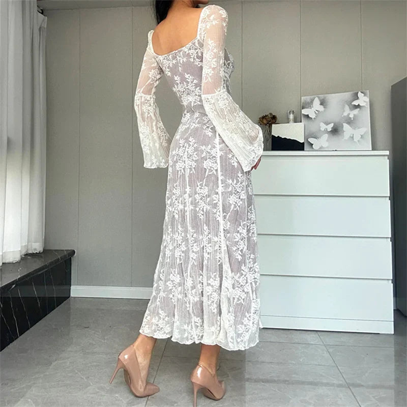 Lace Flared Sleeve ALine Midi Dress