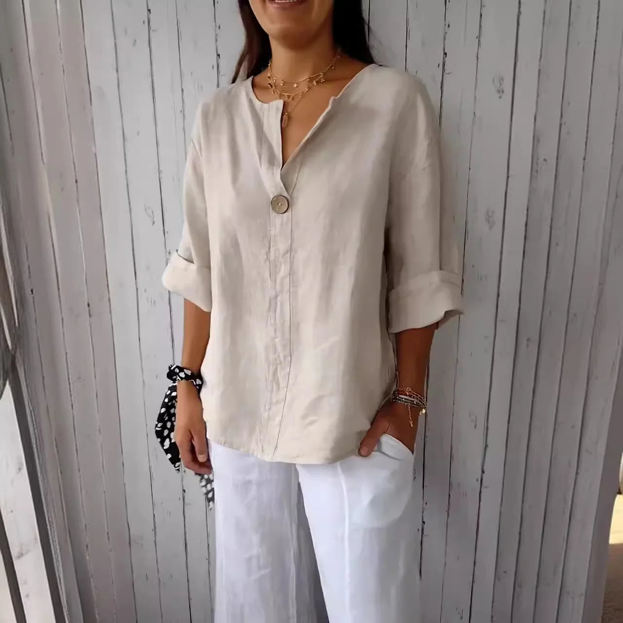 Summer Vneck Button Tee Blouse
