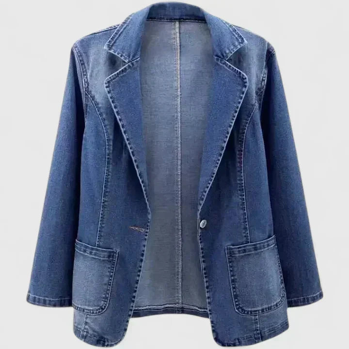Denim Blue Notch Lapel Denim Single Button Patch Pocket Blazer