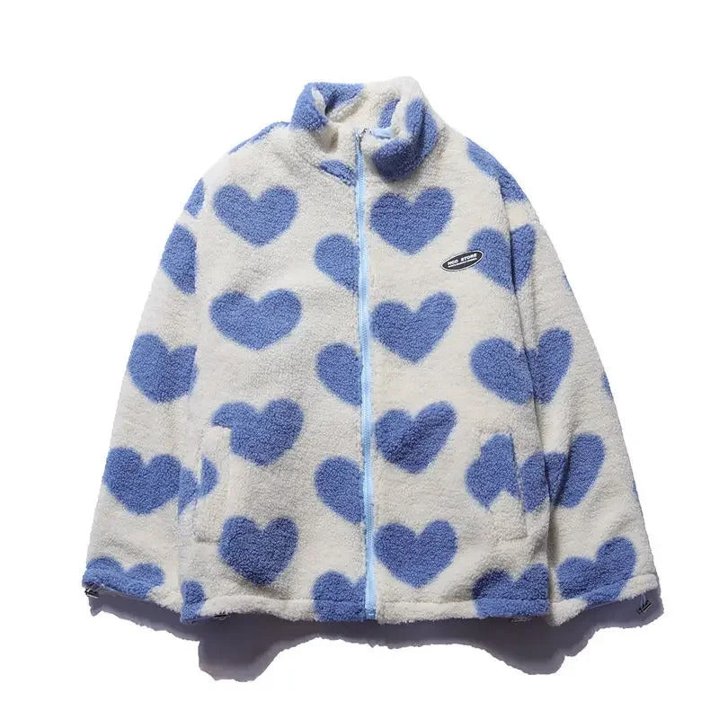 Stand Collar Heart Print Sherpa Fleece Zip Front Jacket
