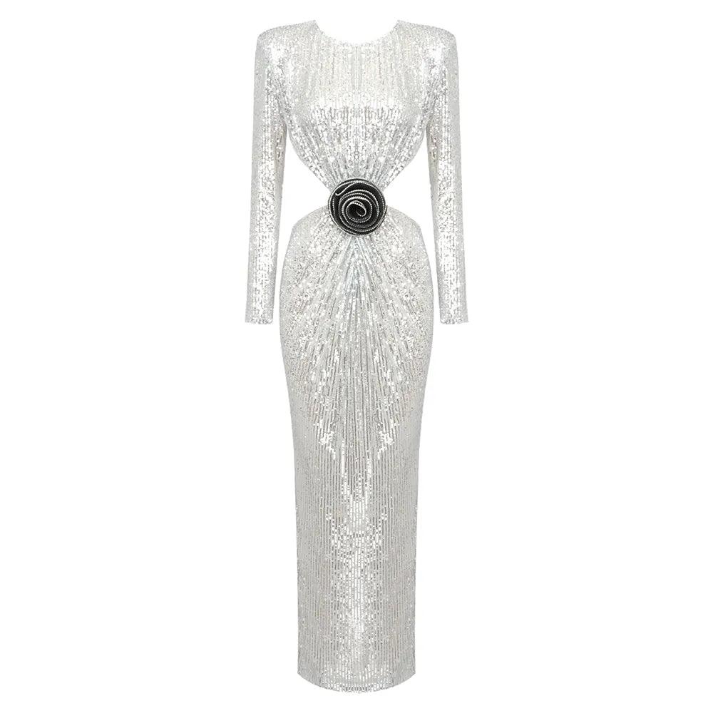 Silver Round Neck Long Sleeve Sequin Rosette Waist Cutout Maxi Dress 9