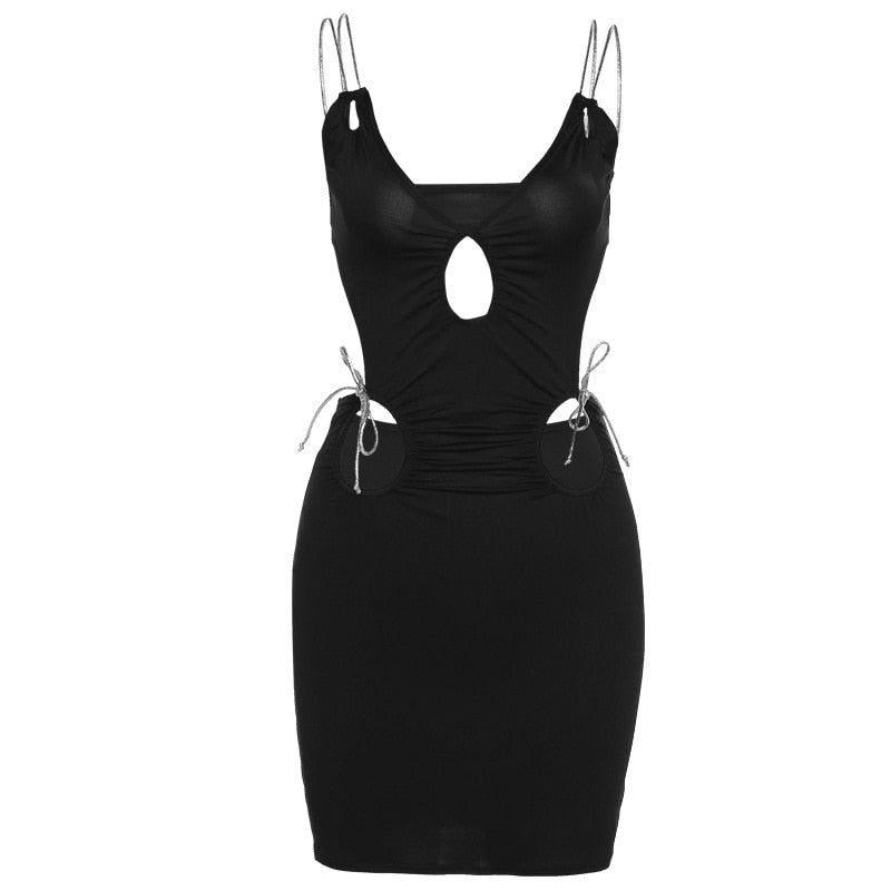 Black Rhinestone Strap Cutout Tie Bodycon Mini Dress
