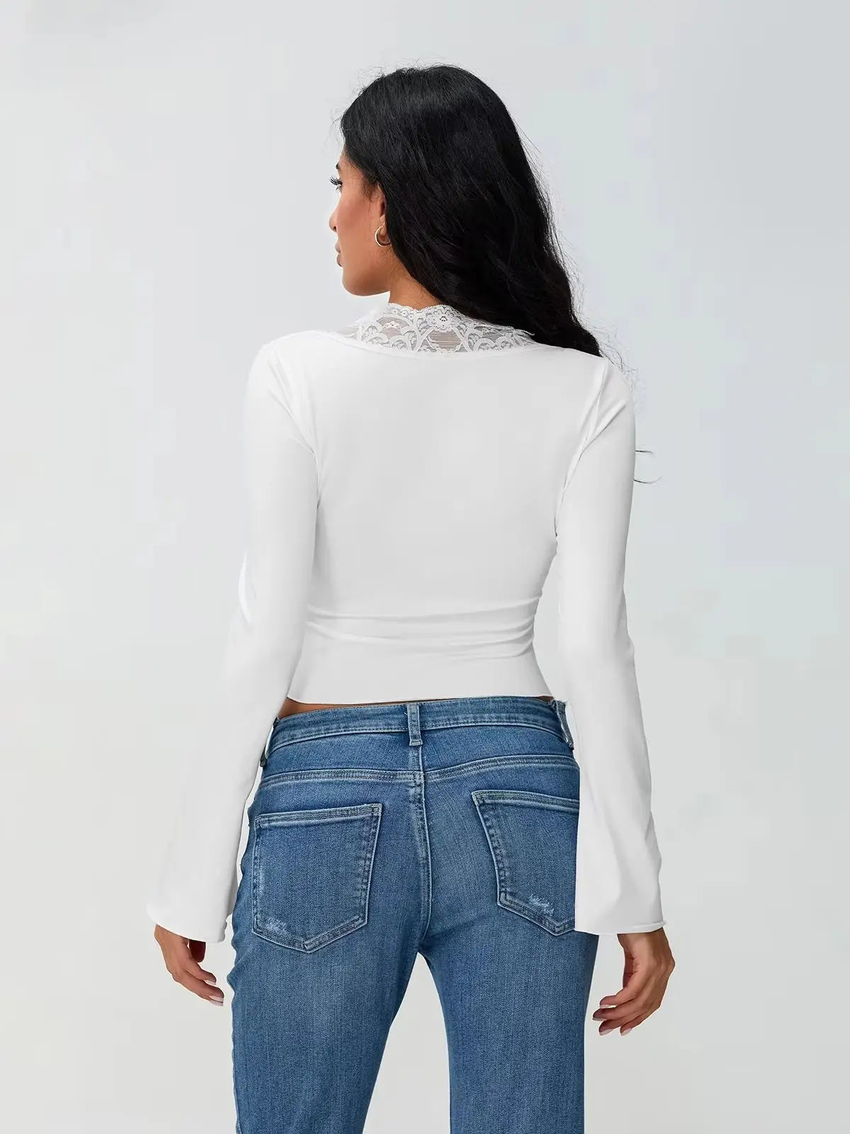 Lace Trim Long Sleeve Vneck Button Blouse