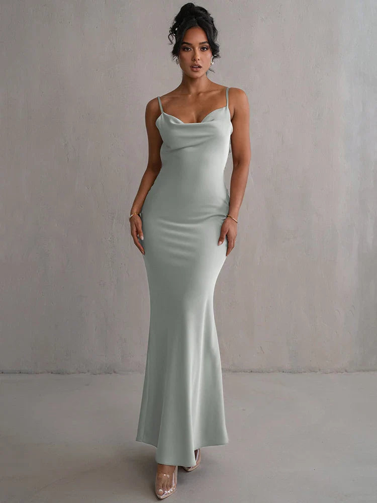 Floral Draped Backless Maxi Silk Dress