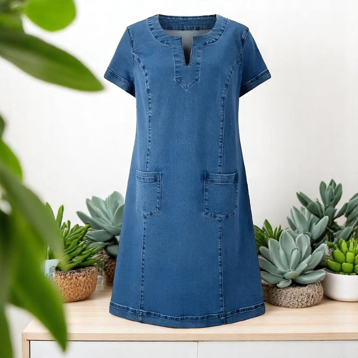 Notch Neck Denim Short Sleeve Pocket Shift Midi Dress
