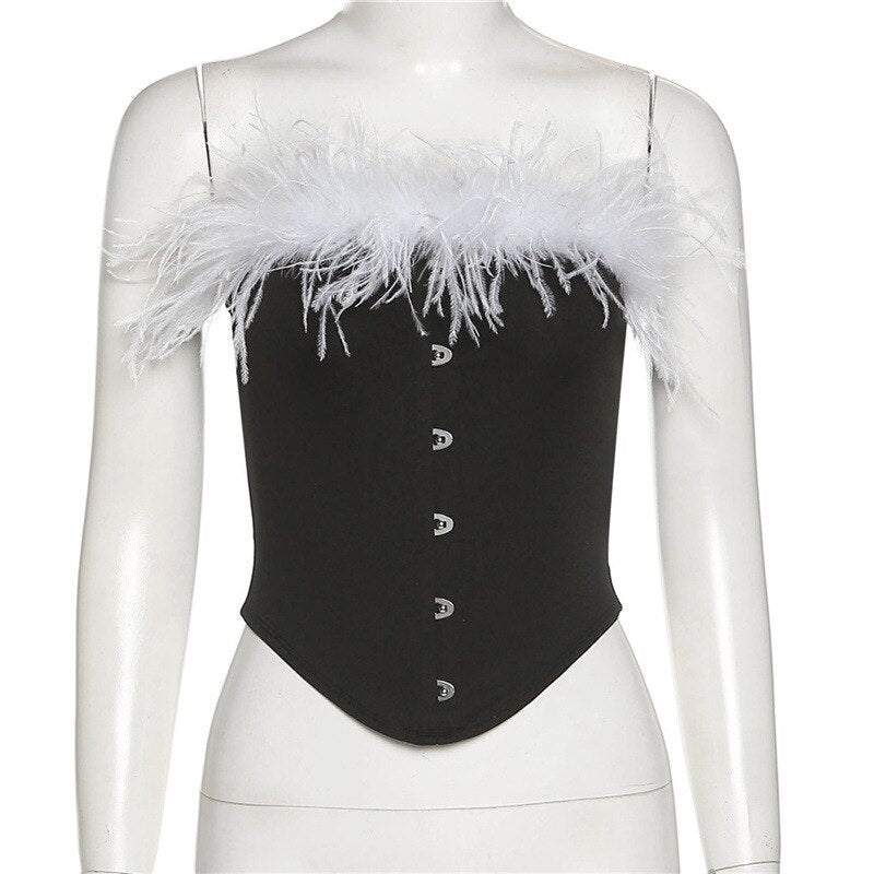 Party - Cami Corset Shoulder Feather Sleeveless Off Women’s Blouse Crop Tee Top Club Tank