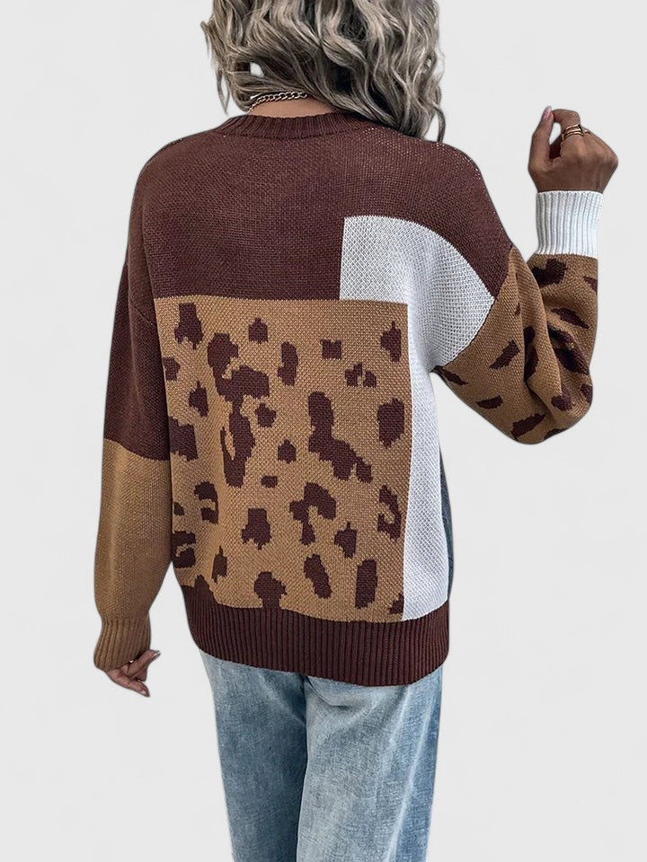 Round Neck Colorblock Leopard Panel Knit Sweater 3