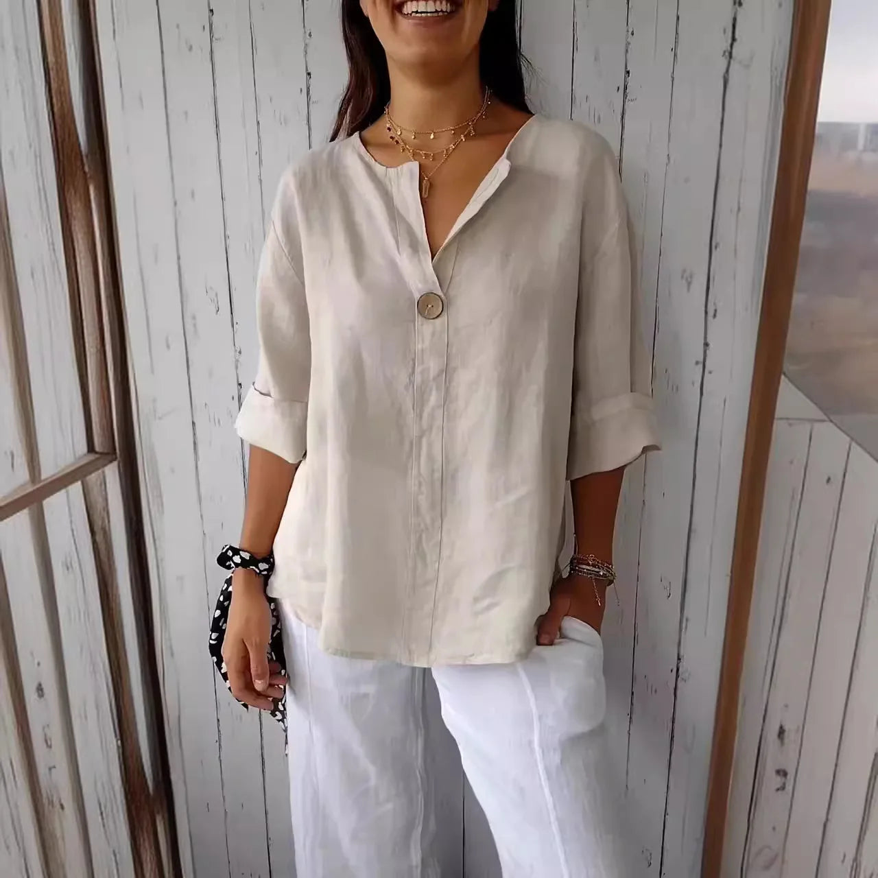 Summer Vneck Button Tee Blouse
