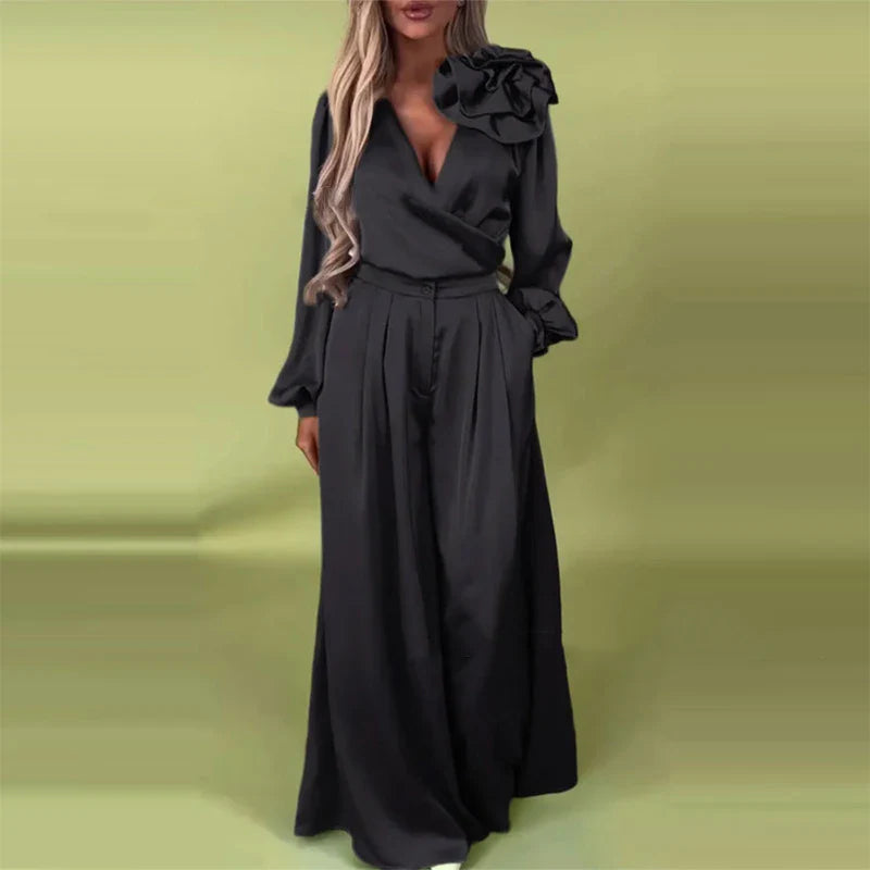 Satin Flower VNeck Wide Leg Suit