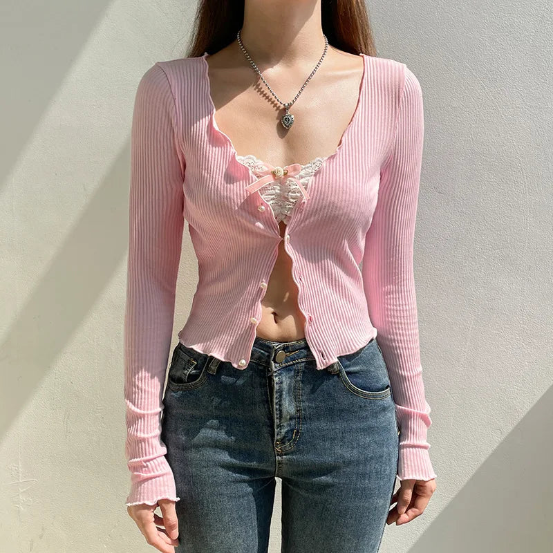 Pink Vneck Lace Long Sleeve Crop Top