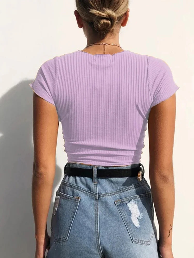 VNeck Drawstring Ribbed Crop Top