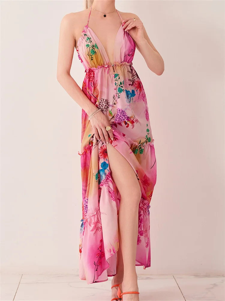 Retro Print Backless Vneck Midi Dress