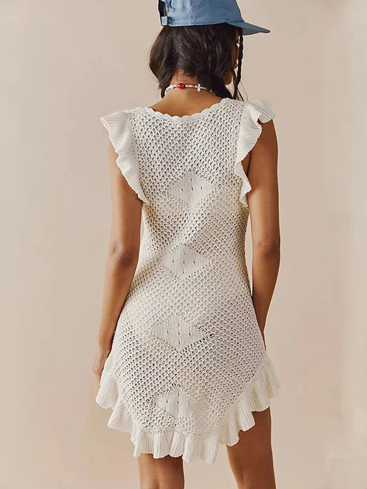 Ruffled Crochet Hollow Out Knit Beach Mini Dress